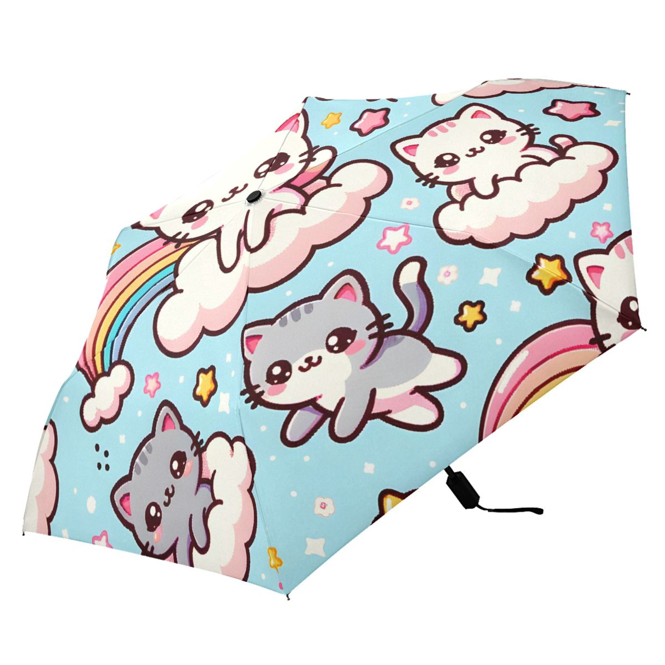 Cute Cats with Cloud Compact Sun Umbrella Windproof Travel Umbrellas for Rain Strong Portable UV Protection