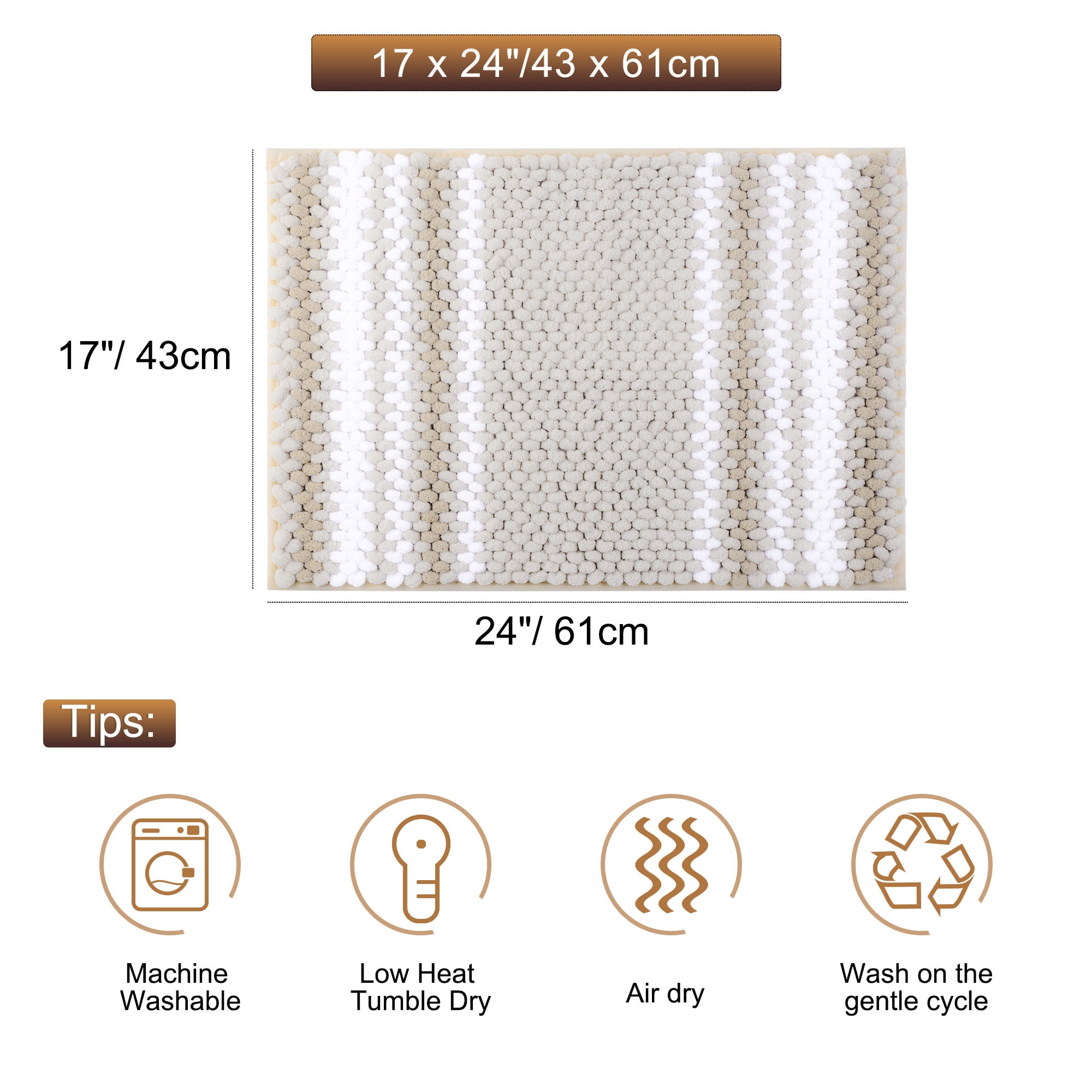 REGALWOVEN Chenille Bathroom Rug Set of 2 Extra Soft Fluffy, Striped Bath Mat Shaggy Rugs Absorbent Bone 17"x24"