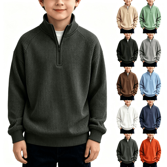 Nugftut Boys Sweatshirts Waffle Knit Quarter Zip Fashion Long Sleeve Pullover Sweatshirts Size 3