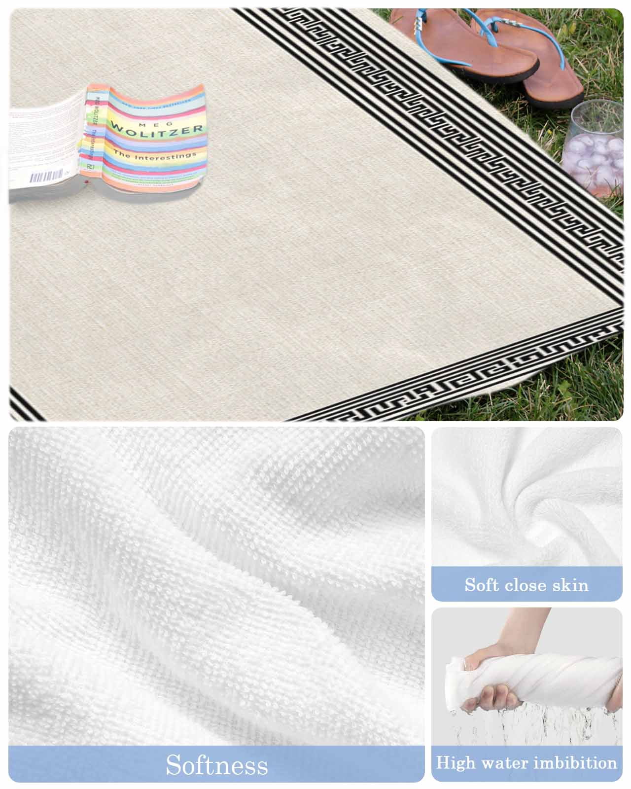 Black Cream Greek Key Beach Towels Oversized Super Absorbent, Geometric Greece Ancient Rustic Lightweight Bath Towel Quick Dry Sets For Bathroom/Pool/Rv Camping/Beach Play/Gym Room/Picnic 30"x60"