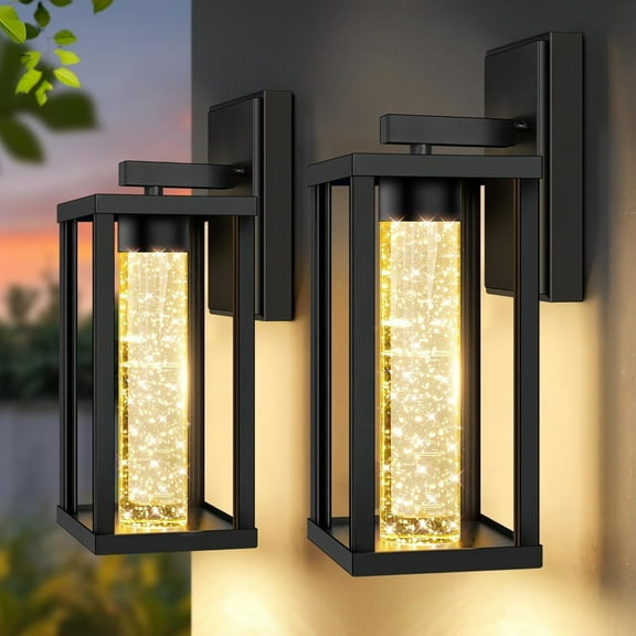 2 Pack Modern Matte Black Outdoor Wall Lights, LED Exterior Waterproof Sconce with Crystal Bubble Glass, for Porch, Garage, Patio, House
