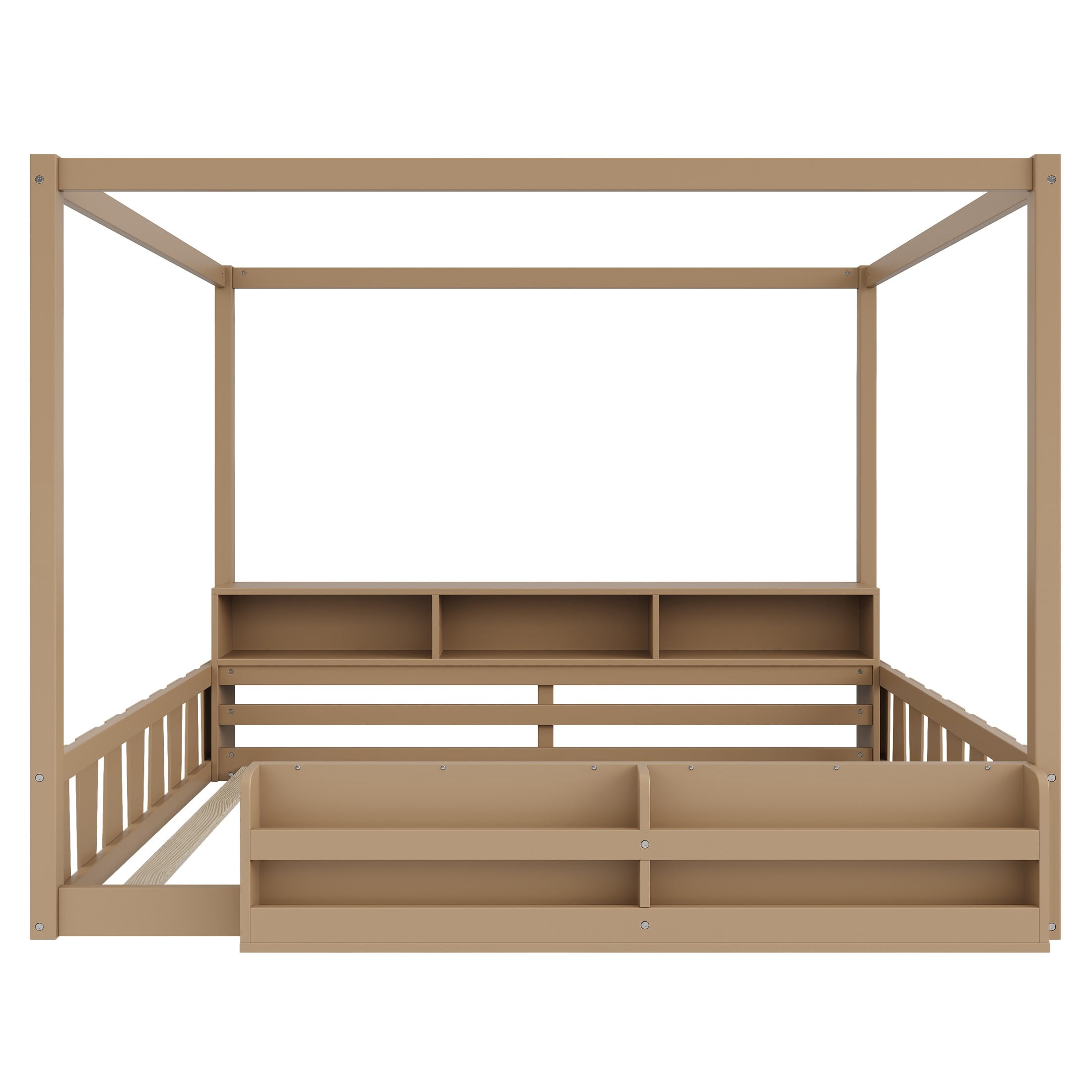 GDF Studio Misol Full Size Montessori Canopy Floor Bed with Storage & Guardrails, Pine Wood Kids Bed Frame, Dark Brown
