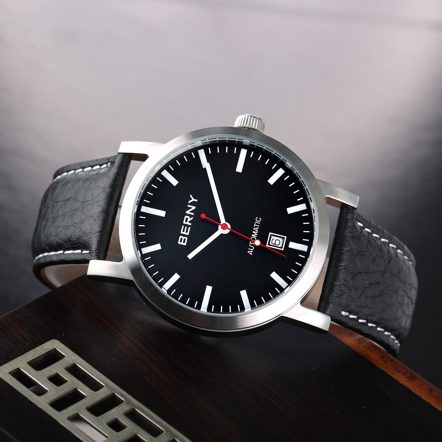 BERNY Automatic Watch for Men, Classic Mechanical Wristwatch with Genuine Leather Strap, Date Calendar, 5ATM Waterproof Super Luminous, Red Seconds Hand (Black)