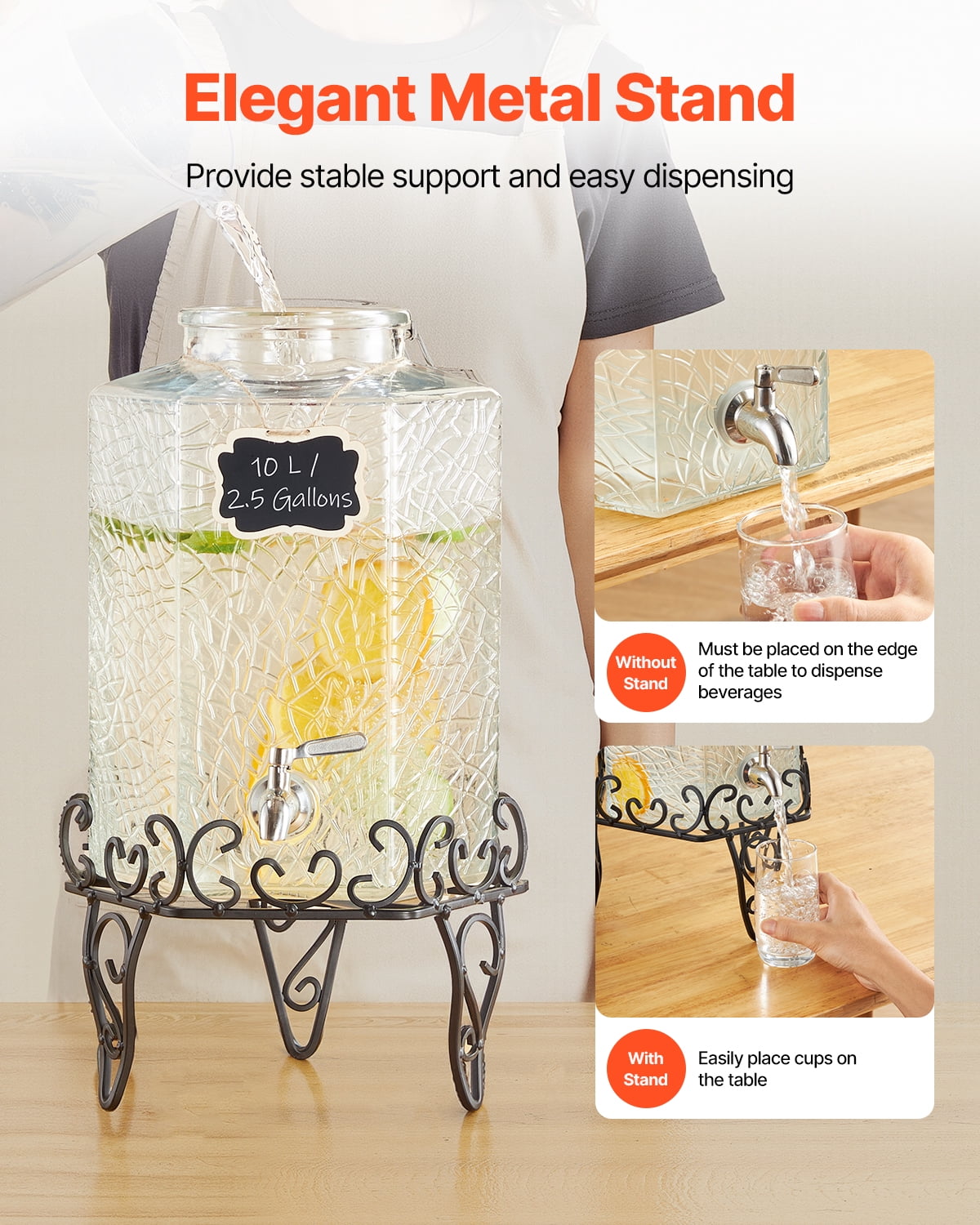 VEVOR Beverage Dispenser, 2.5 Gallon Drink Dispensers for Parties, Glass Juice Dispenser with Metal Stand, Stainless Steel Spigot, Iced Tea Lemonade Juice Water Dispensers for Parties