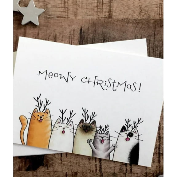 Meowy Christmas Card Featuring Adorable Cats with Antlers – Blank Inside with Envelope – Perfect Holiday Greeting Card for Cat Lovers