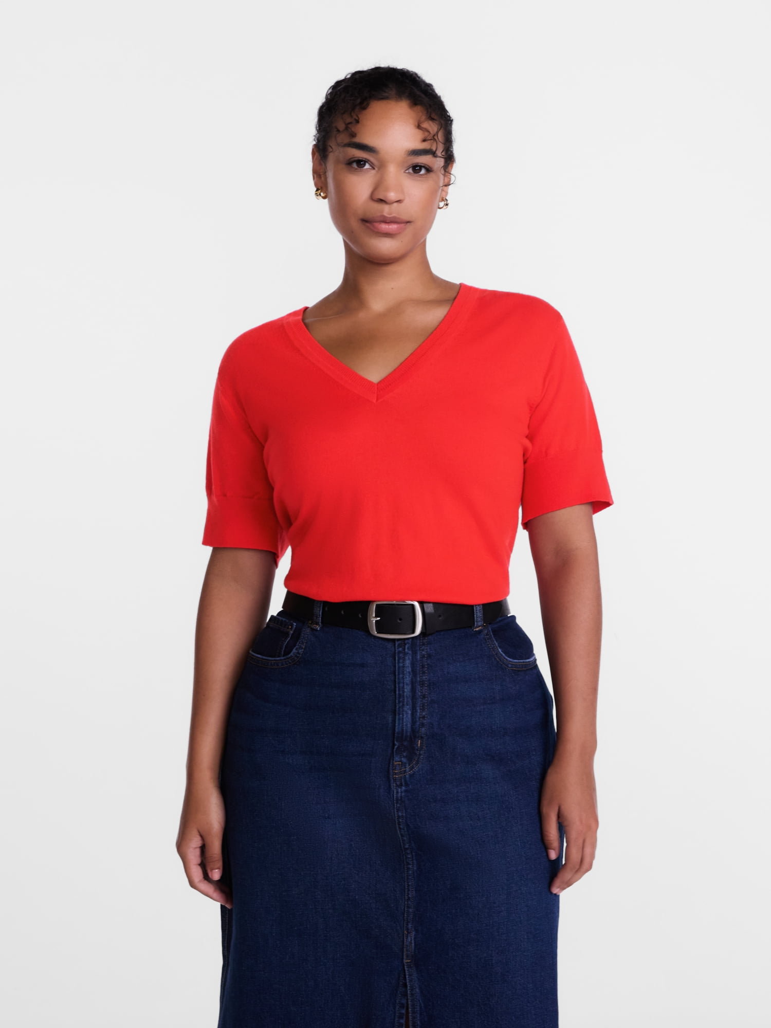 Scenario Women's V-Neck Lightweight Sweater with Short Sleeves, Sizes XS-XXXL