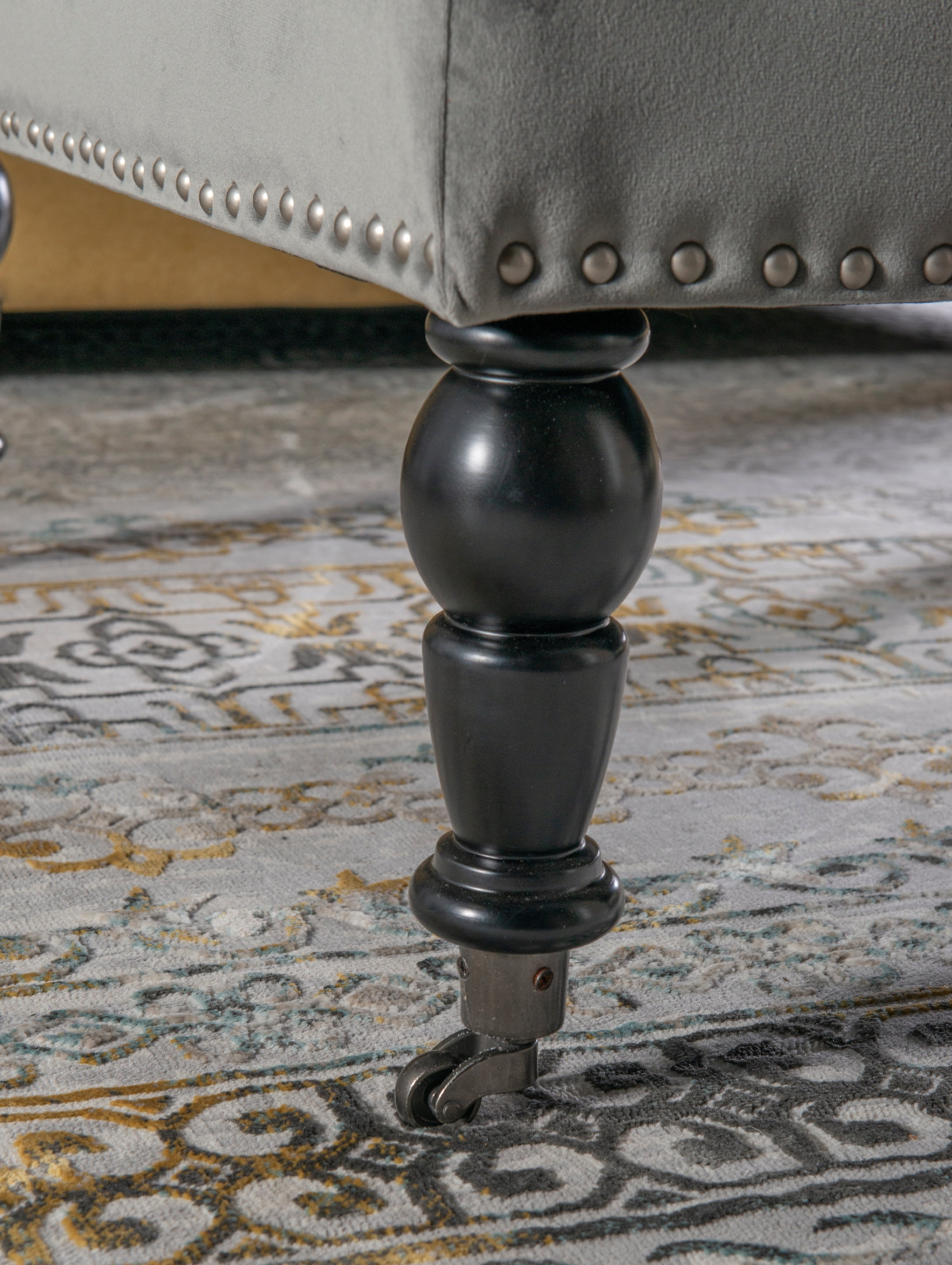 Linon Kacie Square Button Tufted Ottoman, Black/Gray Velvet