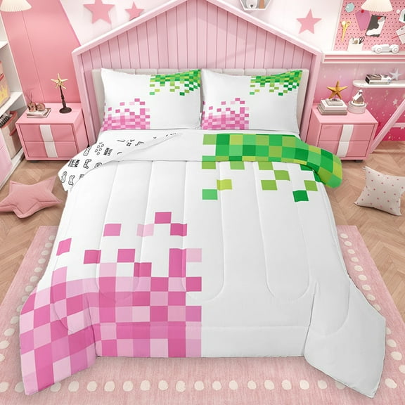 Homewish Cartoon Pink Green Plaid Bedding Comforter Set, Vintage Game Abstract Twin Comforter Sets, Square Rectangle Reversible Bedding Set, Lightweight Room Decor, 2-Piece