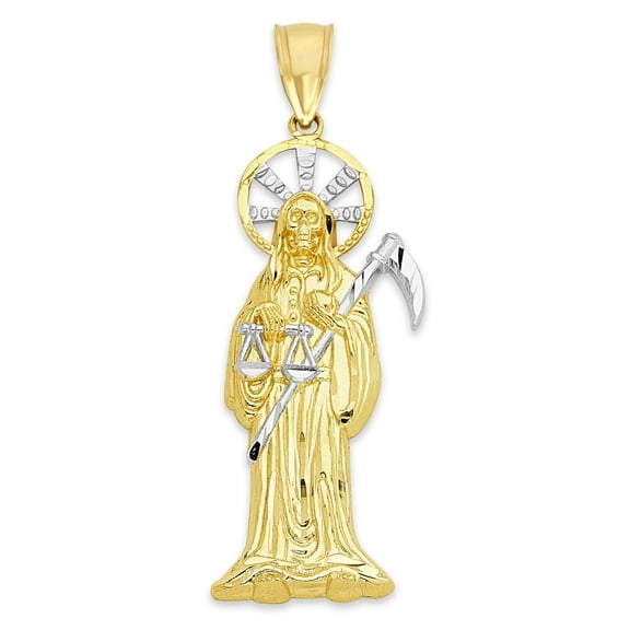 Solid 10k Gold Small San Muerte Pendant - Two Tone Grim Reaper Jewelry for Women - Golden Fire