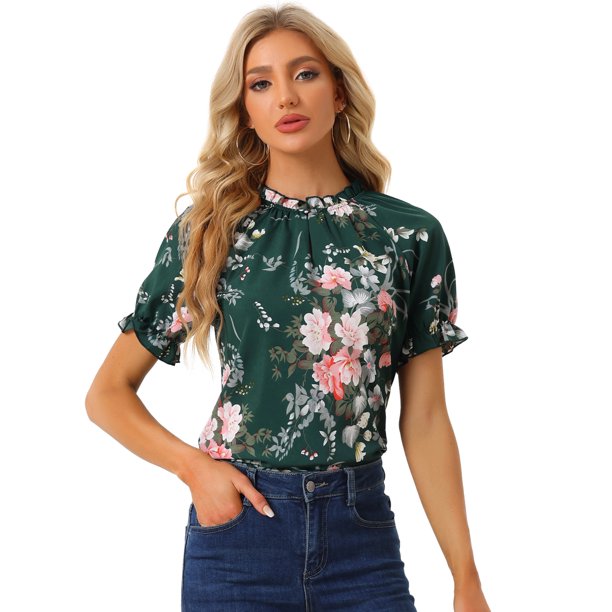 Blusas de mujer con volantes de manga corta floral con cuello simulado y volantes Verde Floral M