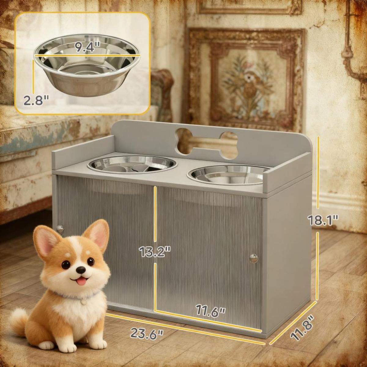 Elevated Dog Bowls with 2 Stainless Steel Bowls (Slow Feeder & Water Bowl) 13.2 Gal Hidden Storage 13.8" Ergonomic Height for Large Dogs (19.7"-23.6" Shoulder) Gray Stylish Feeding Station