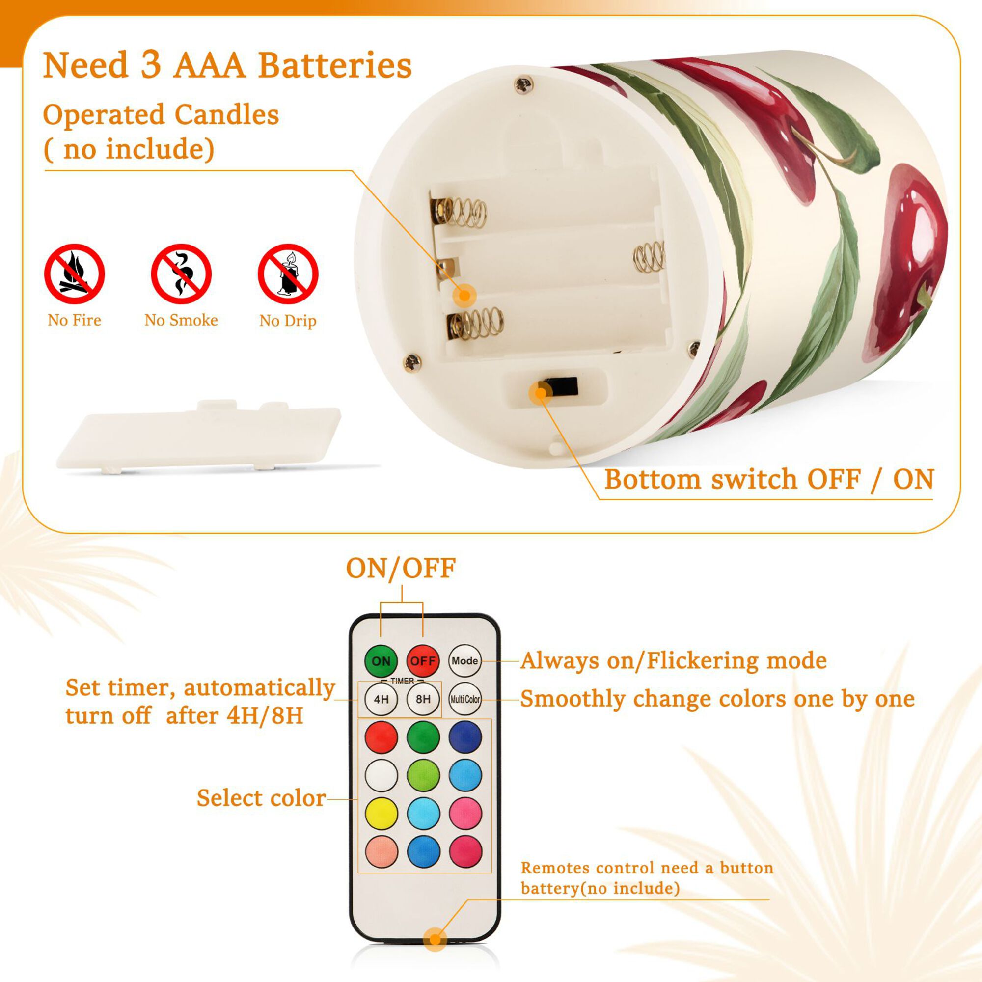 Yayeee Flameless Candles with Remote Flickering Battery Operated Multi Color Changing, Cute Cherry