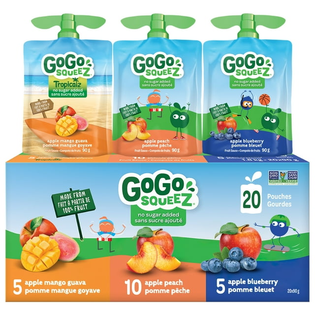 GoGo squeeZ Fruit Sauce Snack Pouches Variety, Apple Mango Guava, Apple Peach, Apple Blueberry, No Sugar Added Box of 20 Pouches