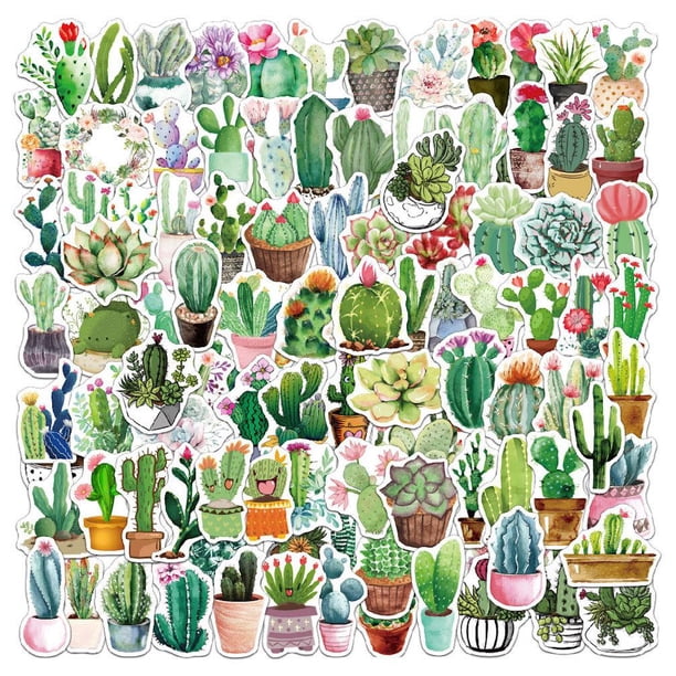 Juego de pegatinas de PVC con dibujos animados de plantas de cactus verdes, 100 unidades
