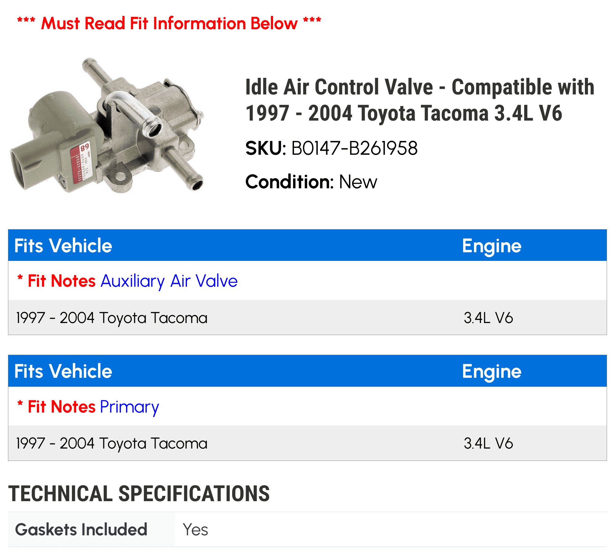 Idle Air Control Valve - Compatible with 1997 - 2004 Toyota Tacoma 3.4L V6 1998 1999 2000 2001 2002 2003