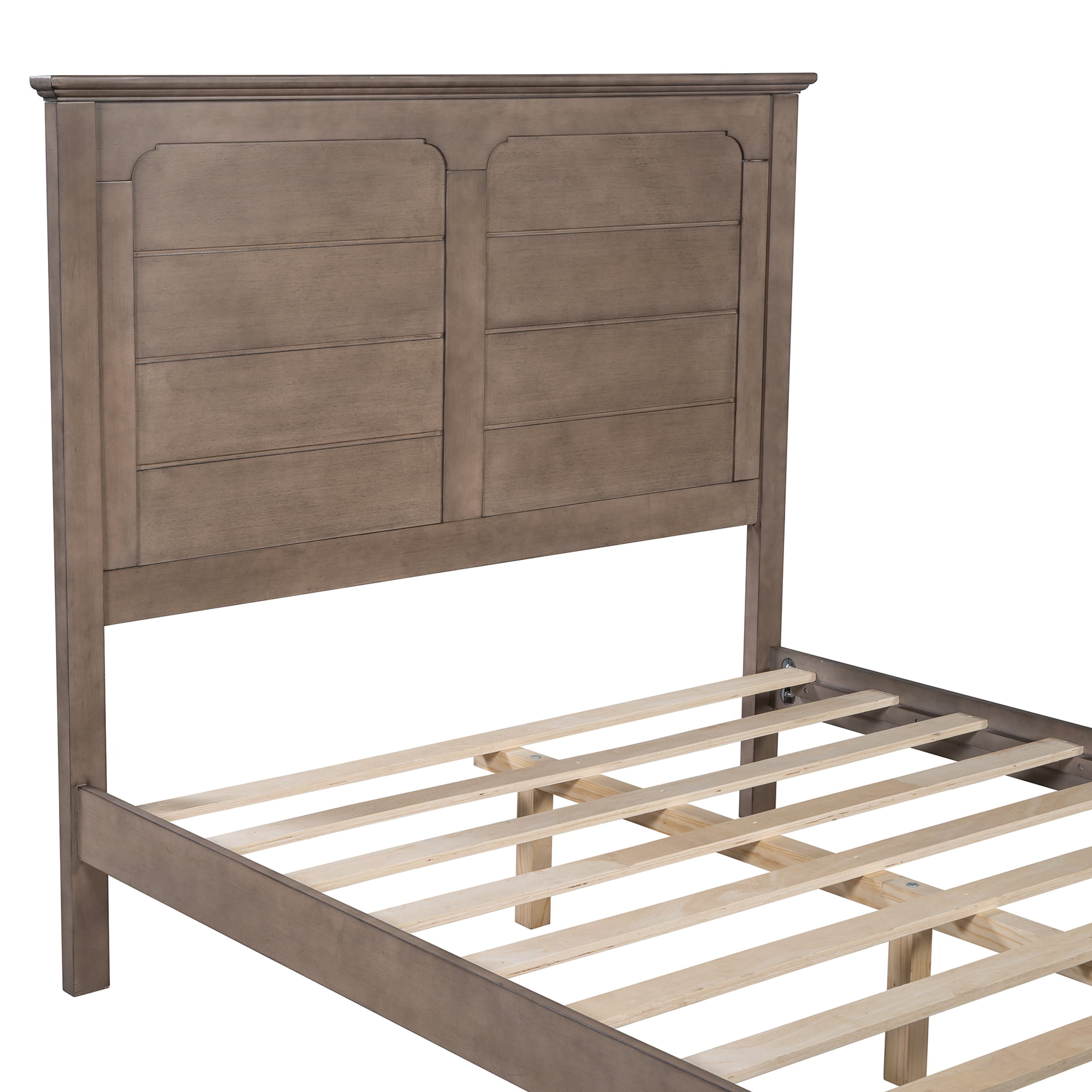 Miniyam Full Size Farmhouse Wooden Platform Bed with High Headboard and Footboard, Ash Brown