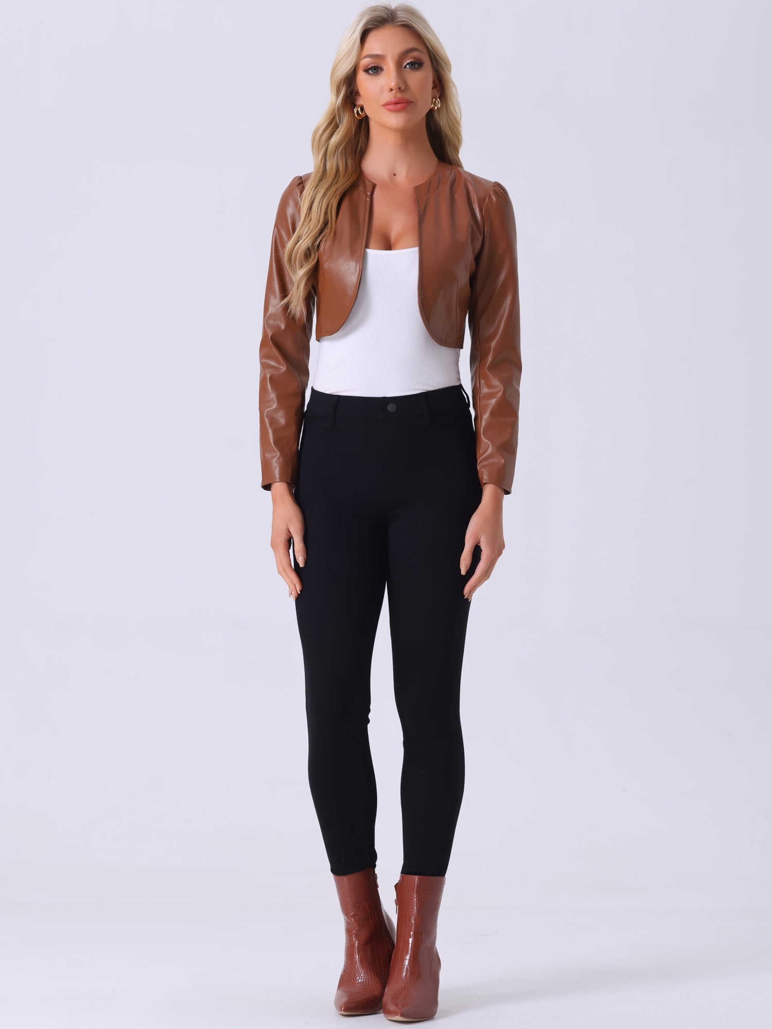 DARING DIVA Women's Open Front Long Sleeve PU Cropped Leather Jacket S Brown