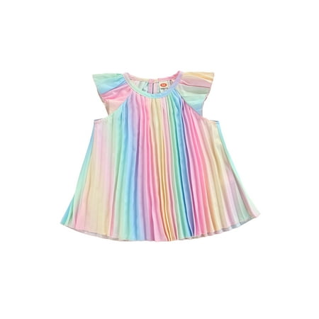 

Canrulo Summer Toddler Baby Girls Flying Sleeve Dress Rainbow Pattern Printing Loose A-line Sweet Style Clothing Colorful 6-12 Months