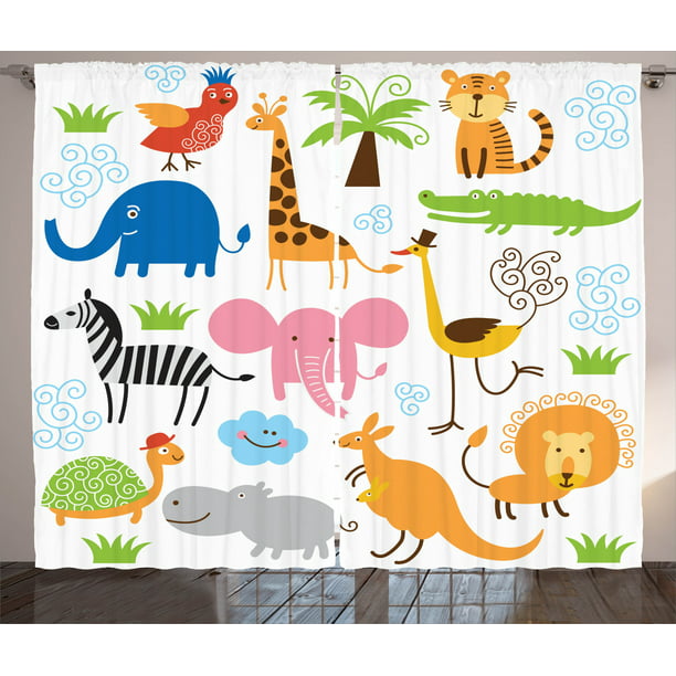 Animal Curtains 2 Panels Set, Cute Set of Giraffe Elephant Zebra Turtle  Kids Nursery Baby Themed Cartoon Comic Print, Window Drapes for Living Room  Bedroom, 108W X 90L Inches, Multi, by Ambesonne -