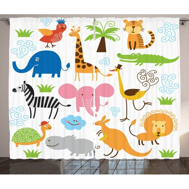 Animal Curtains 2 Panels Set, Cute Set of Giraffe Elephant Zebra Turtle Kids Nursery Baby Themed Cartoon Comic Print, Window Drapes for Living Room Bedroom, 108W X 90L Inches, Multi, by Ambesonne - Animal Curtains 2 Panels Set, Cute Set of Giraffe Elephant Zebra Turtle Kids Nursery Baby Themed Cartoon Comic Print, Window Drapes for Living Room Bedroom, 108W X 90L Inches, Multi, by Ambesonne -