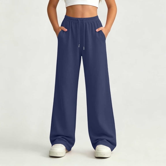 Kids' Solid Color Lightweight Sweatpants Elastic Waist Side Pockets Loose Wide Leg Soft Fabric for Daily Wear 5-14 Years Navy 14-15 Years