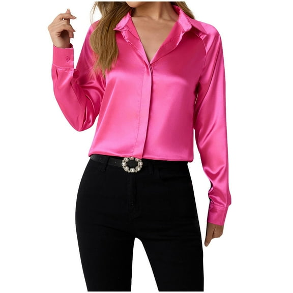 Fesfesfes Women's Elegant Tops Fashion Solid Color Turndown Collar Long Sleeve Sequin Blouses Fall Toner Fabric Bussiness Working T-Shirt(Hot Pink,L)