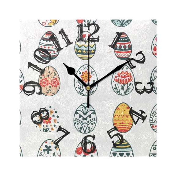 Full Easter Eggs Wall Clock Square Silent Non Ticking Battery Operated Clock for Home Bathroom Kitchen Bedroom Living Room