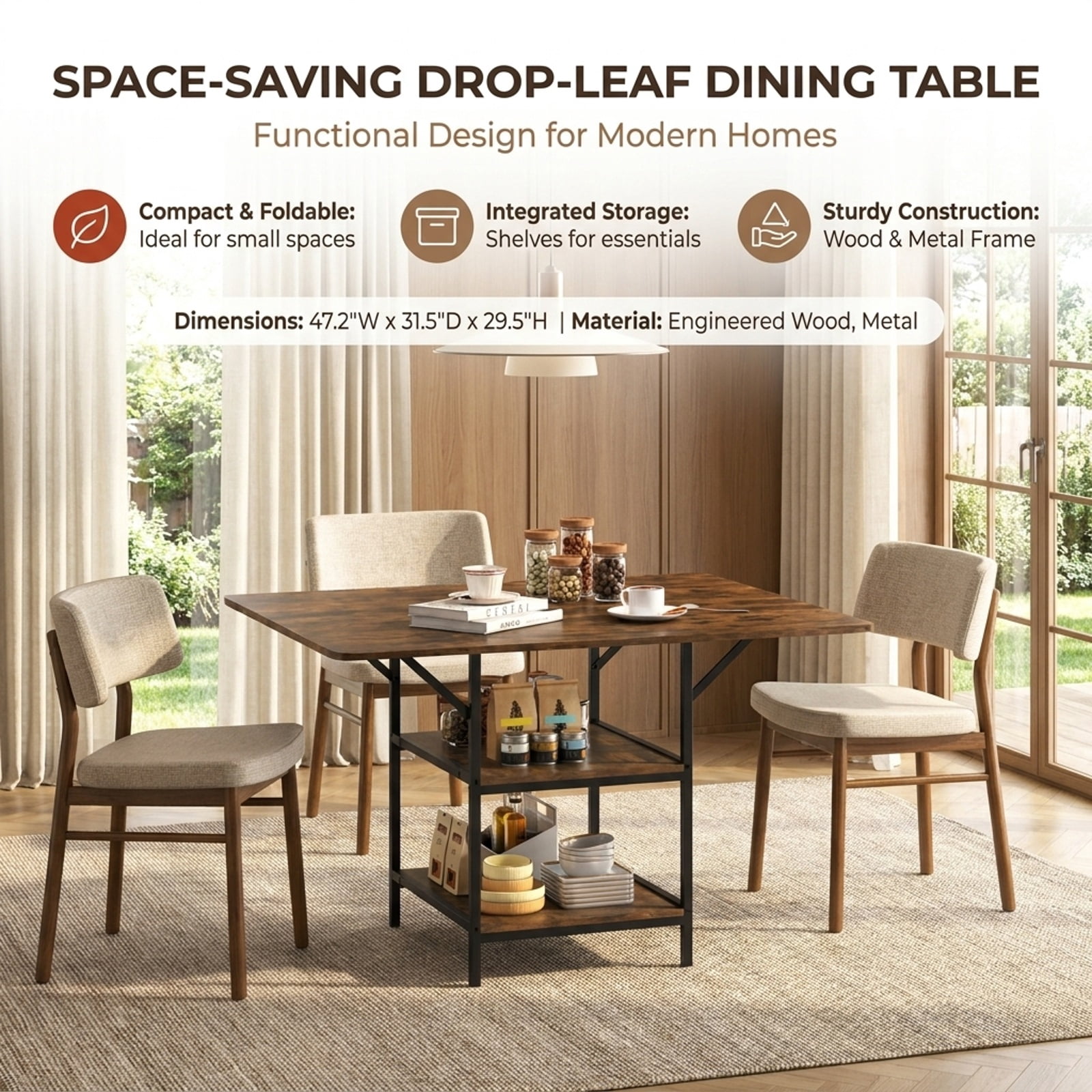 Furnibear 47 Inch Rectangular Dining Table for 4 to 6 with 2 Open Storage Shelves and Sturdy Metal Legs for Kitchen and Dining Room, Rustic Brown
