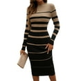 thumbnail image 3 of Female Fashion Striped Dress Long Sleeve Crew Neck Bodycon Midi Ribbed Knit Slim Fit Sweater Dress Black XL, 3 of 8