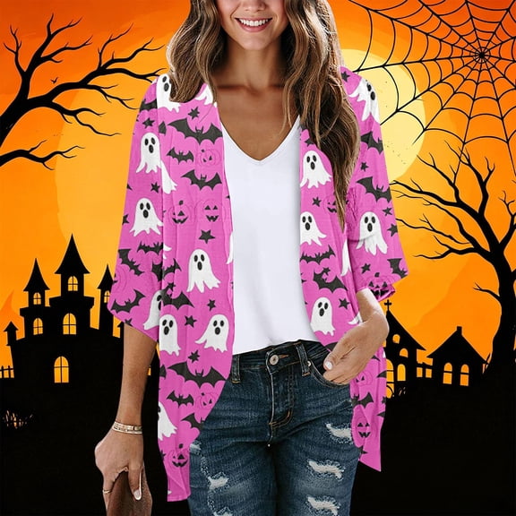 NTACZA Cardigans for Women Kimono Lightweight Halloween Printed 3/4 Sleeve Open Front Fall Casual Cardigan Pink L