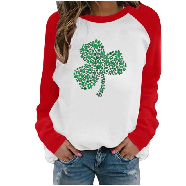 CEHVOM T-Shirt Décontracté à Manches Longues et Col Rond pour Femmes, Imprimé Patchwork de Printemps pour la Saint-Patrick