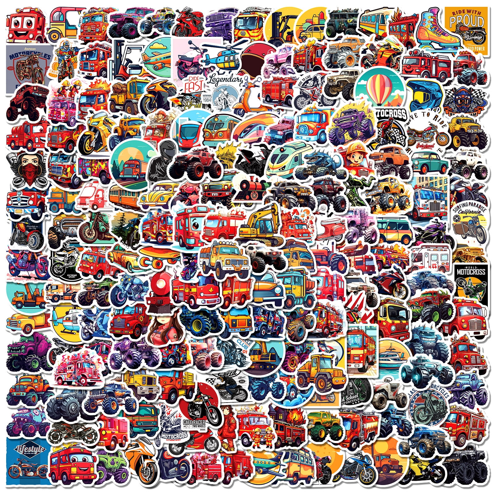 50-200 Pack Transportation Vehicles Stickers - Popular Cartoon Cars, Trucks, and More, Waterproof Stickers for Kids