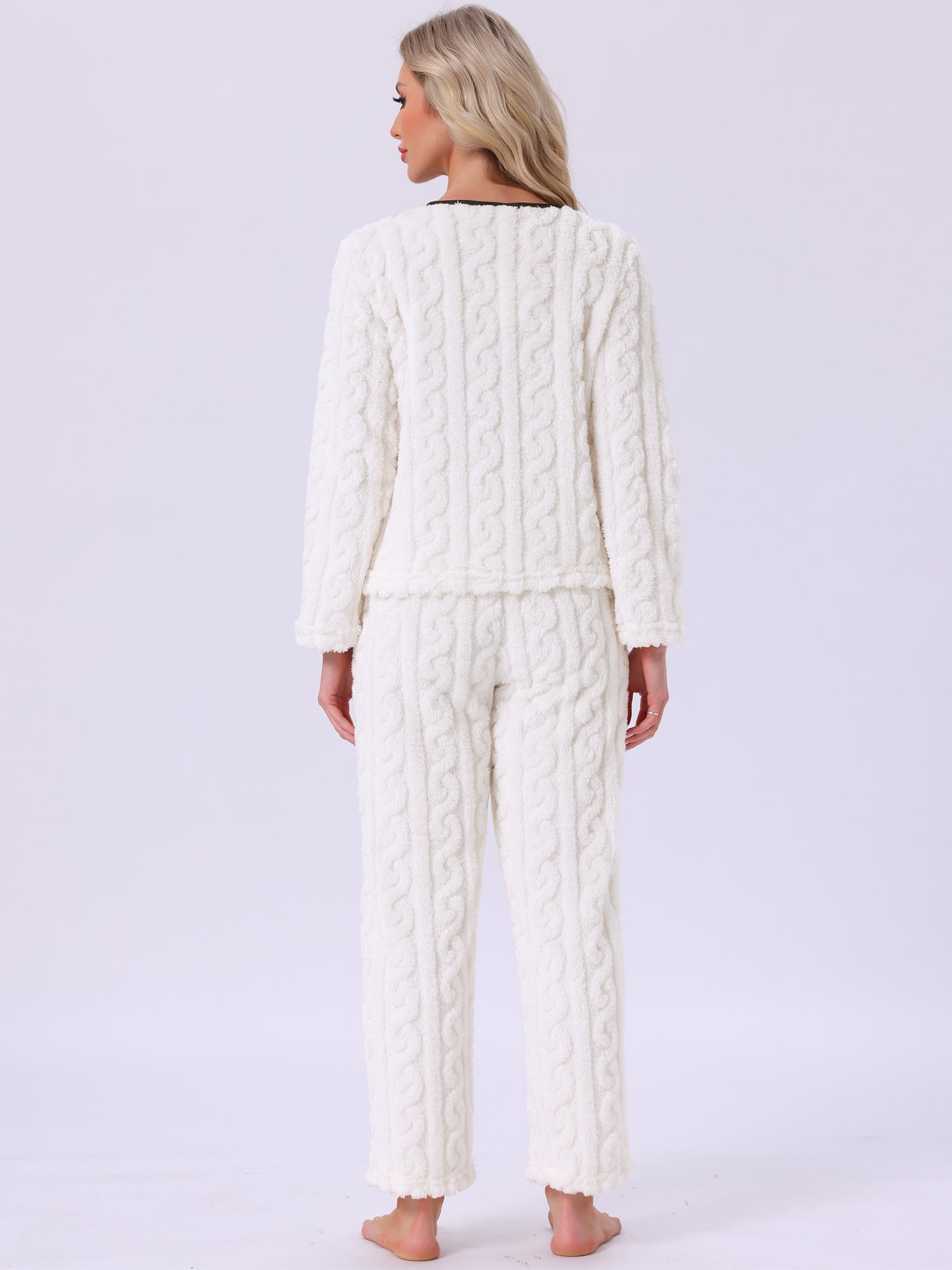 DARING DIVA Women's Flannel Pajama Set Long Sleeve Button Down Fuzzy Fleece L White