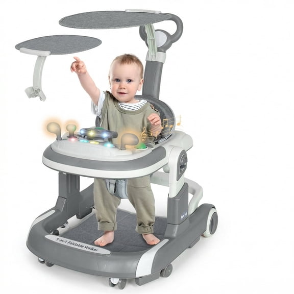 SIMANLI 5 in 1 Folding Baby Walker Adjustable Height & Speed, Kids Baby Walker with Wheels & Music Toys for Girls Boys, Gray