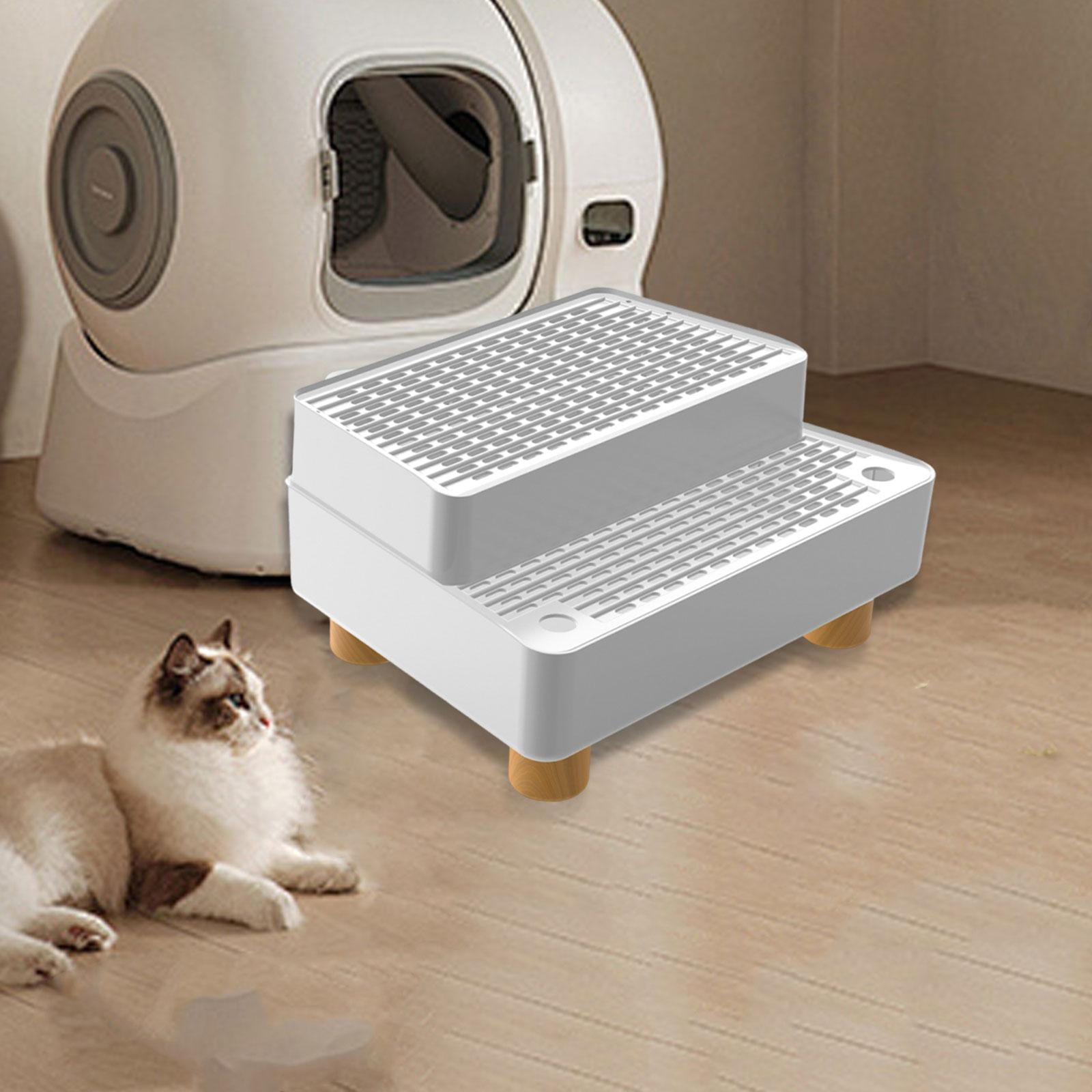 Fzaqwen Automatic Cat Litter Box Ramp 2 Steps Waterproof Pad Mat with Non Slip Feet Leakproof Cat Litter Stair for Small Elderly Cats White