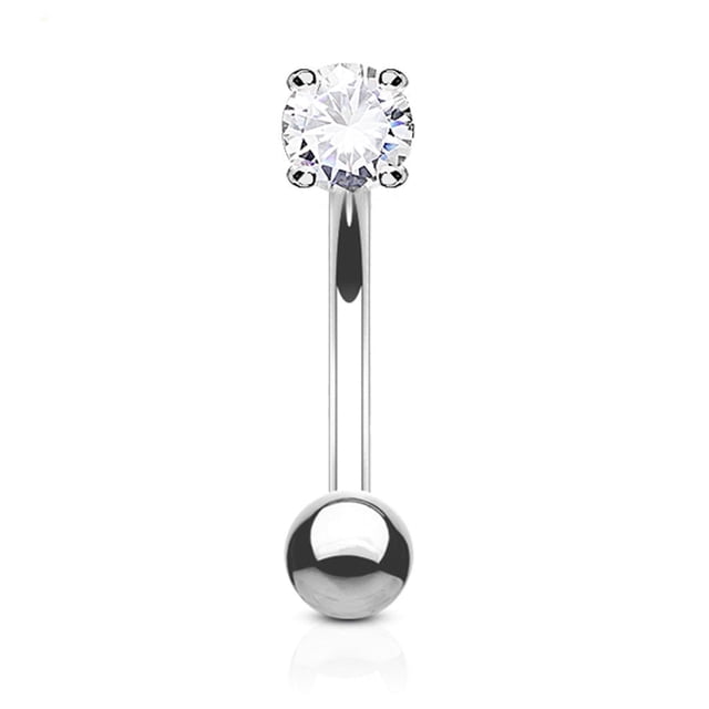 Eyebrow Ring Curved Barbell 14K Solid Gold with Prong Round Cubic Zirconia