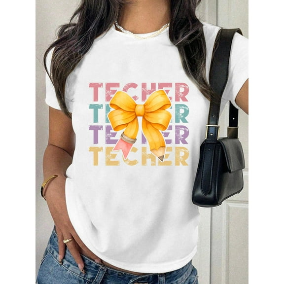Teacher Graphic Tee T-Shirt Cute Cotton Top Bow Pencil Design Casual Short Sleeve Crew Neck White S-5XL