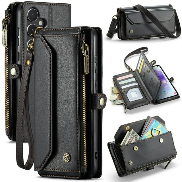 Funda tipo cartera para Samsung Galaxy A55 con bloqueo RFID, tarjetero, cremallera y ranura para billetes, correa magnética de piel sintética suave para el hombro. Funda tipo cartera para mujer