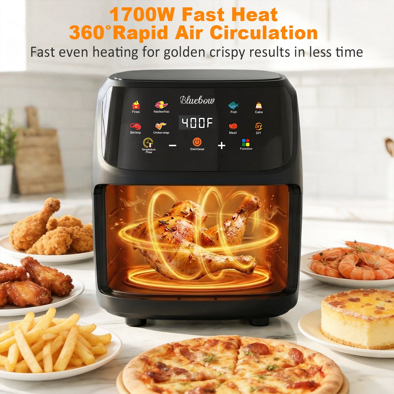 Bluebow Air Fryer, 7.5 Quart Large Capacity, 8-in-1 Multifunctional Cooker with Digital Touchscreen, Easy-View Window, Non-Stick Basket, Black