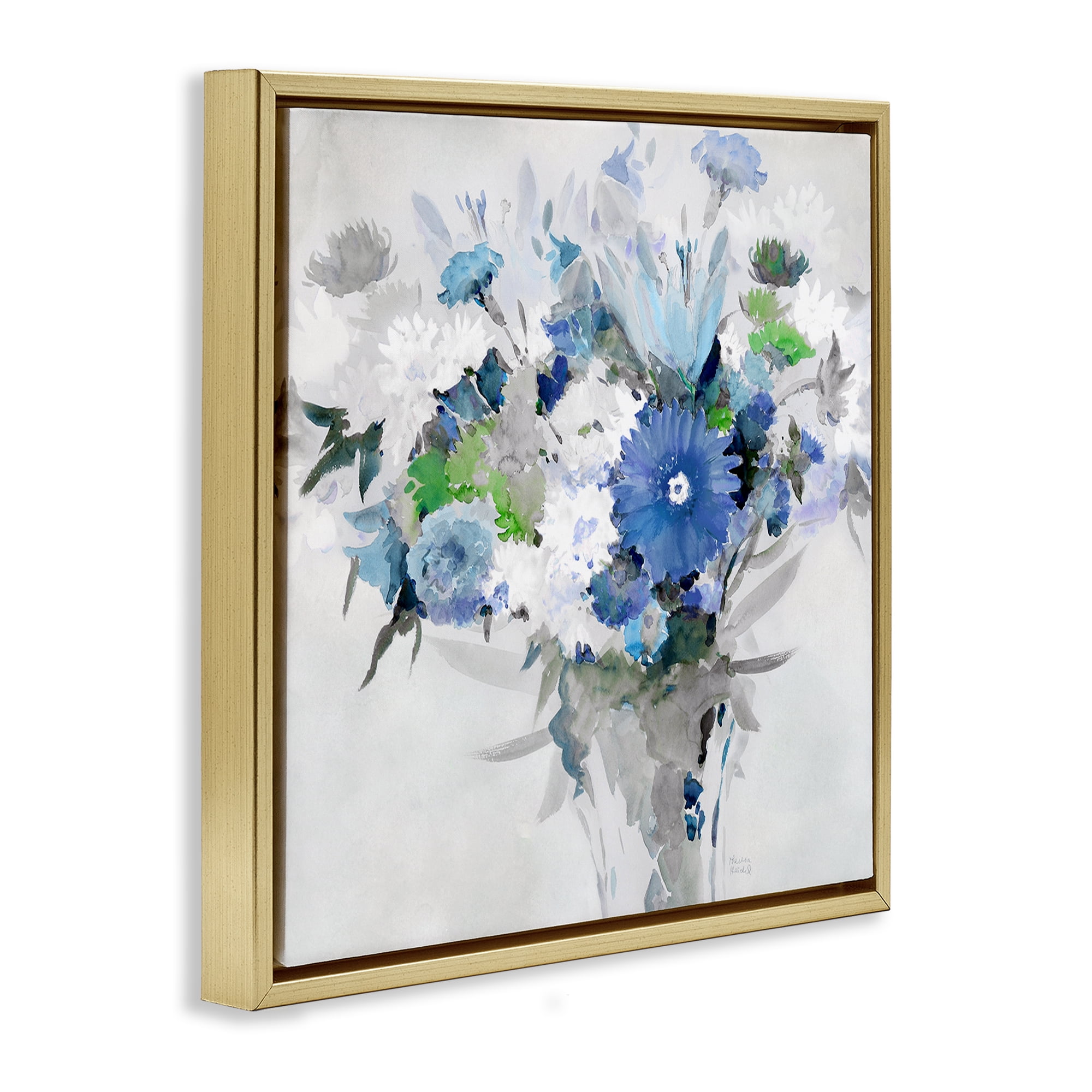 Stupell Industries Bustling Blue Bouquet Plants & Flowers Painting Gold Floater Framed Canvas Art Print Wall Art, 25 x 25