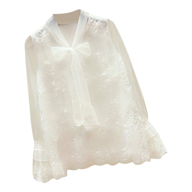 Gibobby Blusas Termicas Dama Manga sólido largo tops encaje v-cuello casual floral mujeres camisas blusa de mujer(Blanco, S)