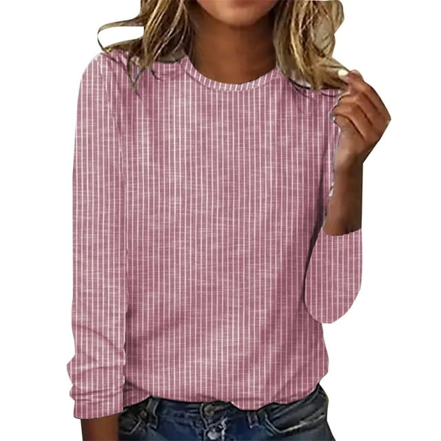 WTXUE T-Shirts Manches Longues, Col Rond pour Femmes Automne Hiver T-Shirt Rayé Décontracté Hauts Rayés pour Femmes Rose/rayé TG