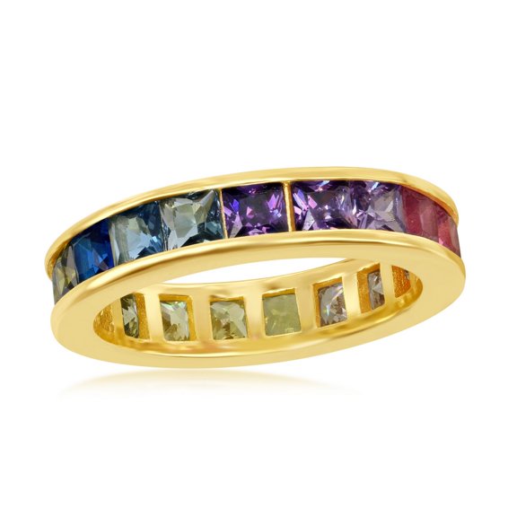 iJewelry2 Gold Plated Sterling Silver Channel Set Rainbow Multicolor CZ Eternity Band Ring Size 6