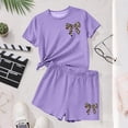 thumbnail image 6 of Girls Purple Leopard Print Bow 2 Piece Outfits Matching Set Short Sleeve T-Shirt and Shorts Casual Summer Clothes,Size 14-15T, 6 of 6