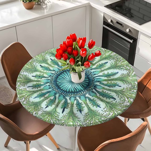 Green Botanical Circle Elastic Fitted Round Tablecloth Vintage Abstract Watercolor Flowers Waterproof Outdoor Table Cover for Holiday Party, Picnic, Patio & Dining Fits Tables Up to 36"-44"