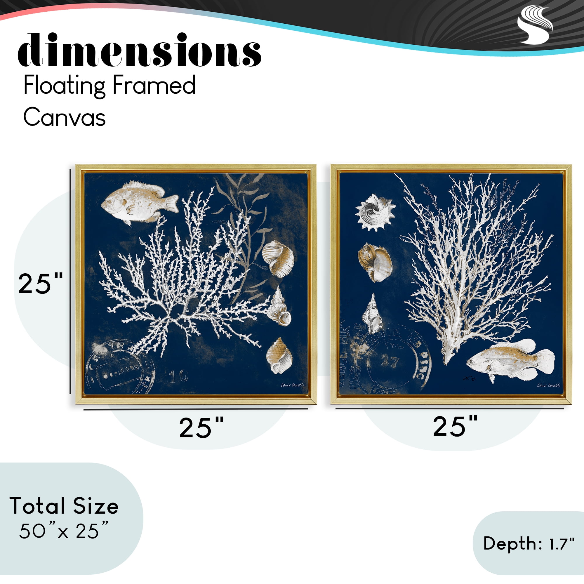 Stupell Industries Navy Coral Medley 2 Piece Gold Framed Floater Canvas Set, design by Lanie Loreth