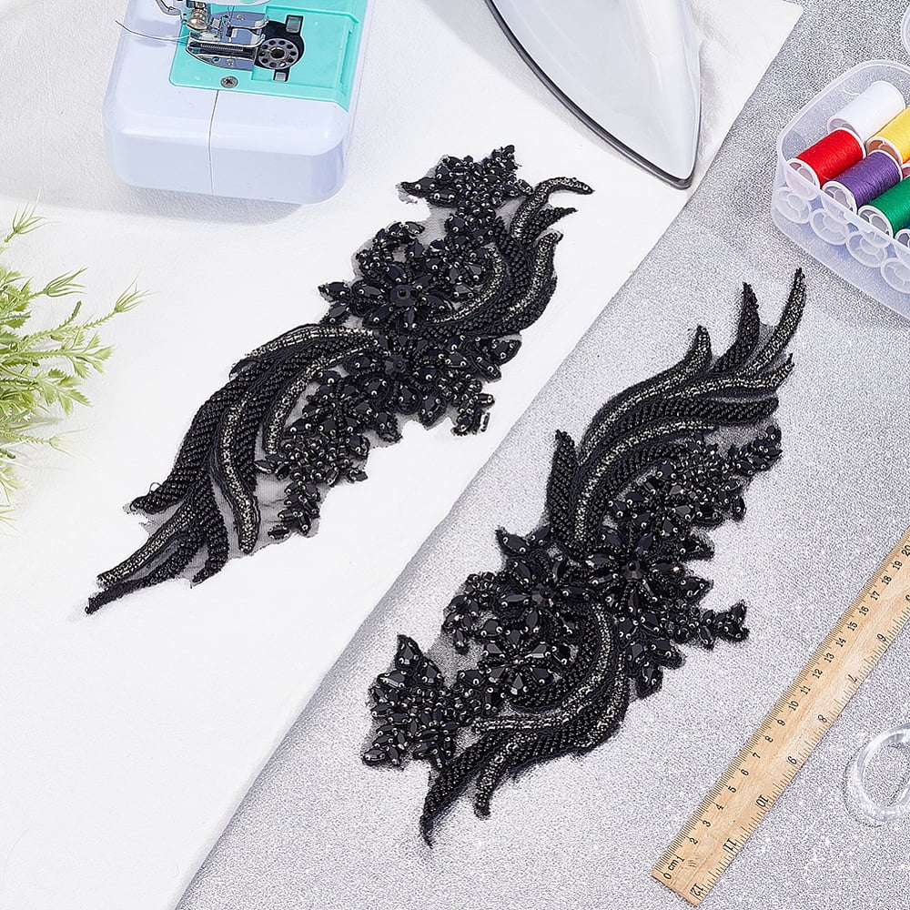 2Pcs Polyester Handicraft Flower Beading Felt Appliques with Glass Rhinestone Costume Accessories Sewing Craft Decoration Black 375x148x6mm