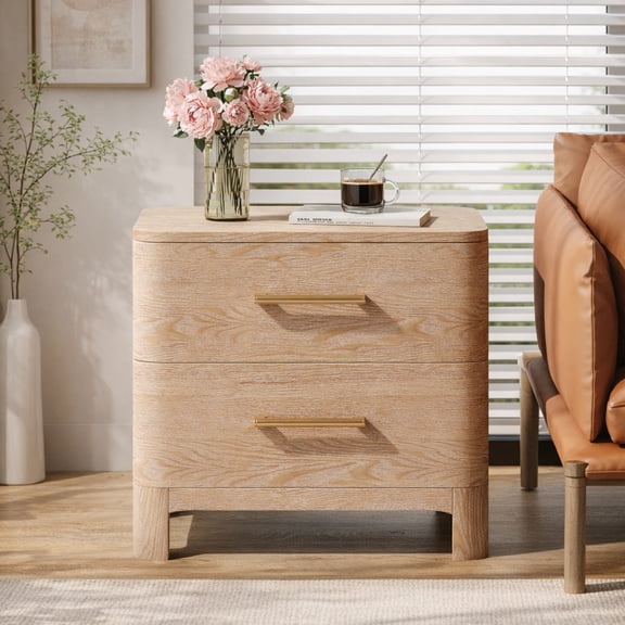 Christopher Knight Home Modern 23.6" Nightstand with Gold Handles, 2-Drawer Bedside Table, Washed Oak