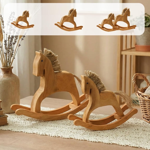Vintage Wooden Rocking Horse Decor Set, Handmade Carved Pine Small Horses for Tabletop Display, Living Room Bedroom Nursery or Toy Gift