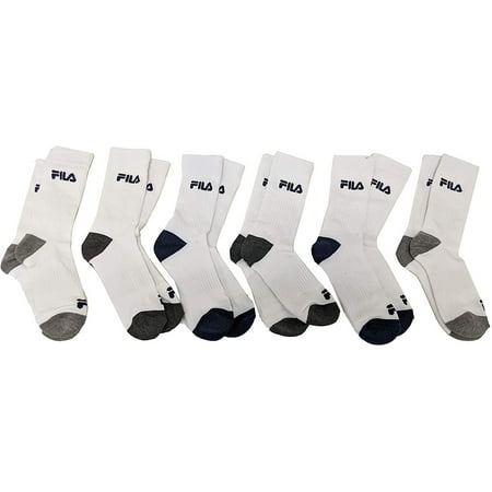 Fila Kids Boys 6-Pack Half Cushion Crew Socks Contrast Heel - White, Boys Small Shoe size 7-10
